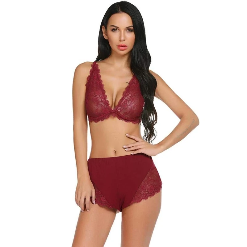 Sexy Nightwear Women S Underwear Women Baby Dolls Women Women Pajama Sets Sexy Babydoll Lace Floral Sleepwear Push Up Bra+Shorts Set Sexy Perspective Lingerie Nightwear-Red_S
