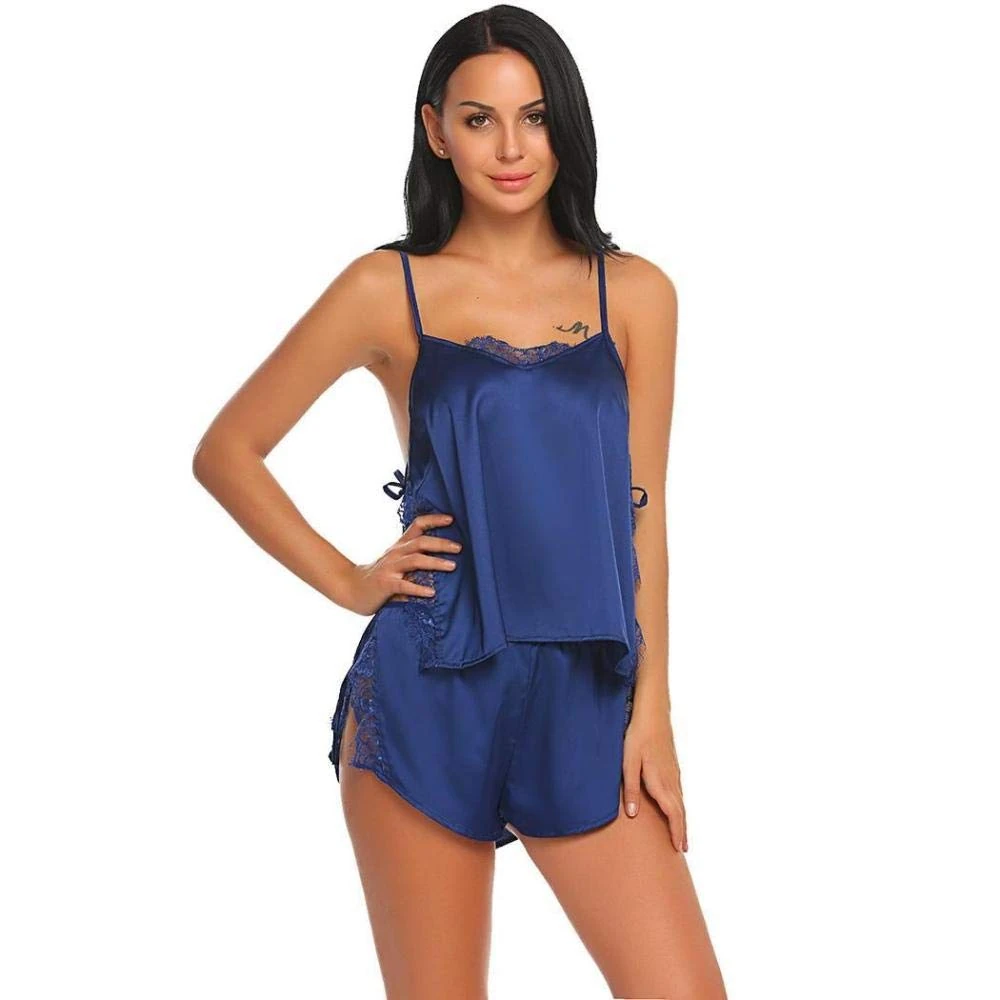 Women Baby Dolls Women Lace Sexy Lingerie for Women Sexy Sleepwear Sleeveless Strap Nightwear Lace Trim Satin Cami Top Pajama Sets Sexy Lingerie Intimate-Blue_XL