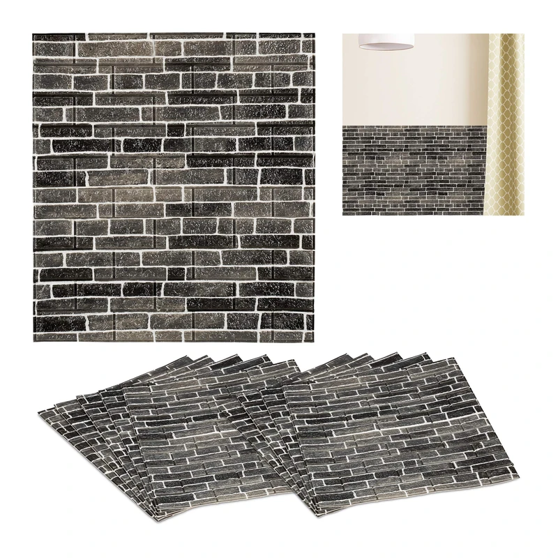 Relaxdays Self-Adhesive Wall Panels, Set of 10, Cut to Size, Modern Look, Stone Pattern, Paneling, 77 x 70 cm, Charcoal