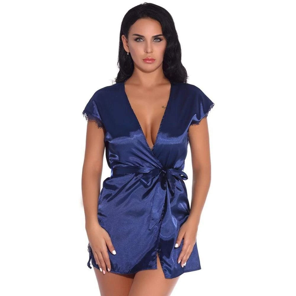 Women's Erotic Sleepwear Women's Erotic Baby Dolls Female Deep V-Neck Babydoll Bathrobe Lace Patchwork Temptation Nightgown Sexy Lingerie Short Nightdress Women Exotic Dress-Blue_XXL