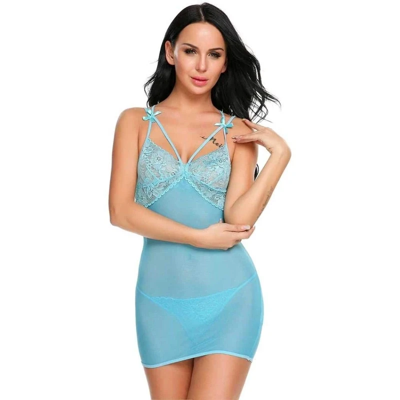 Women Baby Dolls Women Lace Sexy Lingerie for Sleeveless Pajamas See-Through Lace Patchwork Dress V Neck Nightgown Sleepwear Erotic Hollow Out Sexy Lingerie-Blue_M