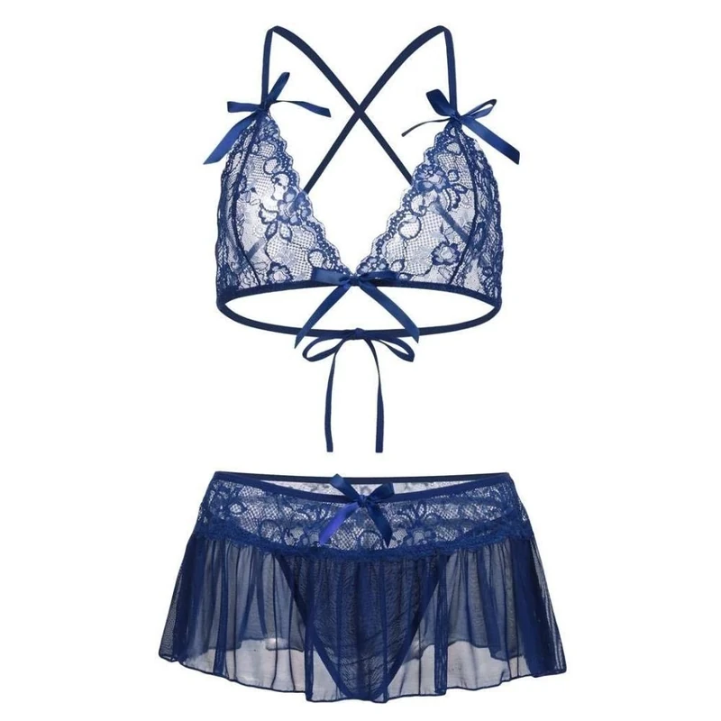 Women's Erotic Sleepwear Women's Erotic Baby Dolls Women Lace Sexy Bra Set Plus Size S-2Xl Erotic Lingerie Push Up Embroidery Bralette Women Sexy Underwear Sleepwear Set-Blue_L