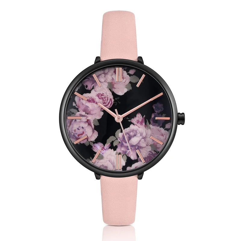 KIMOMT Women Watches Leather Band Luxury Quartz Waterproof Fashion Creative Wristwatch for Women Ladies Girls (Flower-Grey Flower)