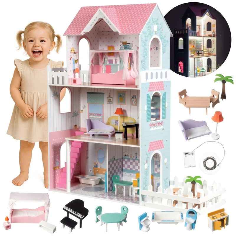 Mamabrum Wooden Dolls House XXL with Terrace Garden, LED Lights, Furniture & Accessories Included, 3-Storey Houses & Wooden Sweet Playhouse with Painted Roof & Walls for Little Girls, Rose/Light Blue