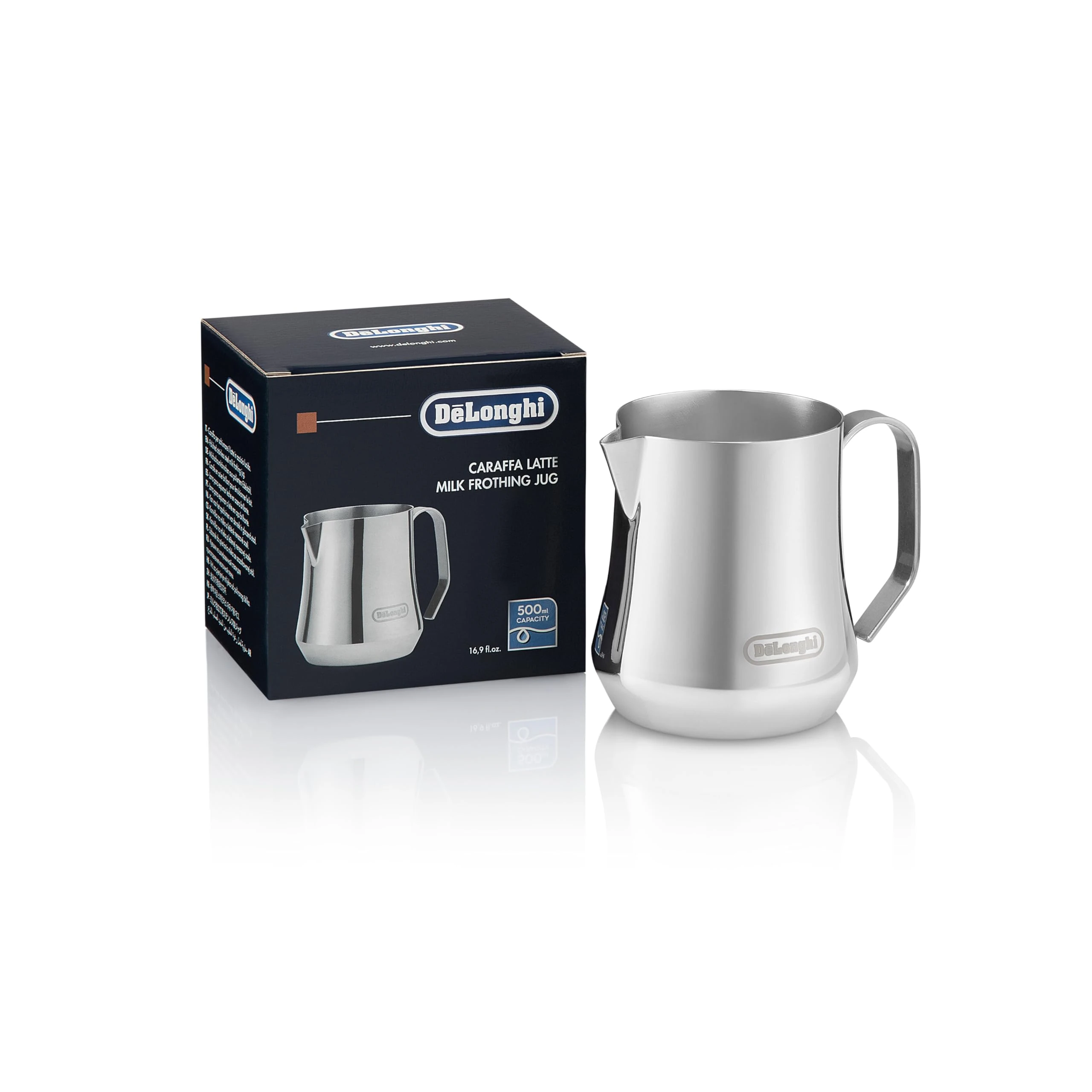 De'Longhi Milk Frothing Pitcher, Stainless Steel, 17 Ounce (500 ml), Barista Tool, Frother Jug for Espresso Machine Coffee Cappuccino Latte Art, DLSC069