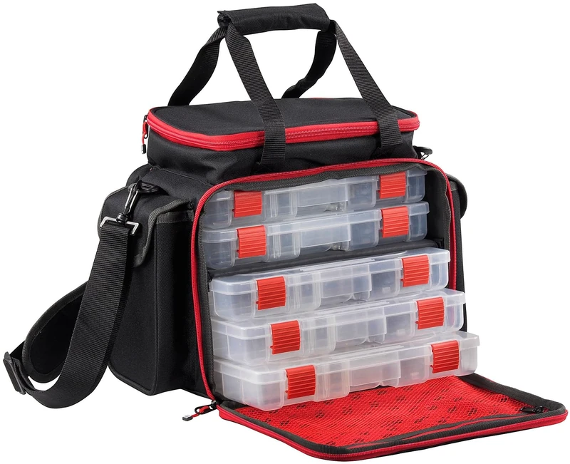 Abu Garcia Lure Fishing Bag Large - With Tackle Boxes to store Crankbait, Soft Bait, Jerkbait, Swimbait, Spinner, Spoon - Pike, Perch, Zander Fishing, Black, Grey, Red