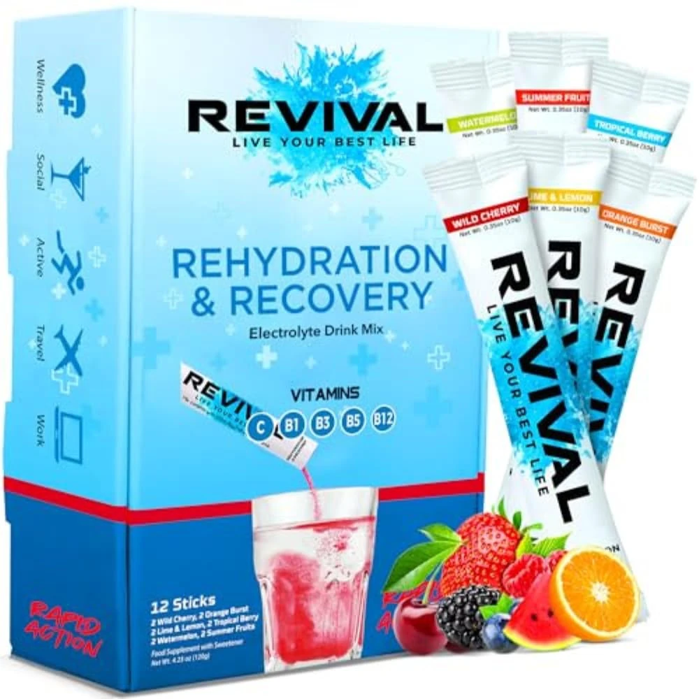 Revival Rapid Rehydration Electrolytes Powder - High Strength Vitamin C, B1, B3, B5, B12 Supplement Sachet Drink, Effervescent Electrolyte Hydration Tablets - 12 Pack Assorted Flavours