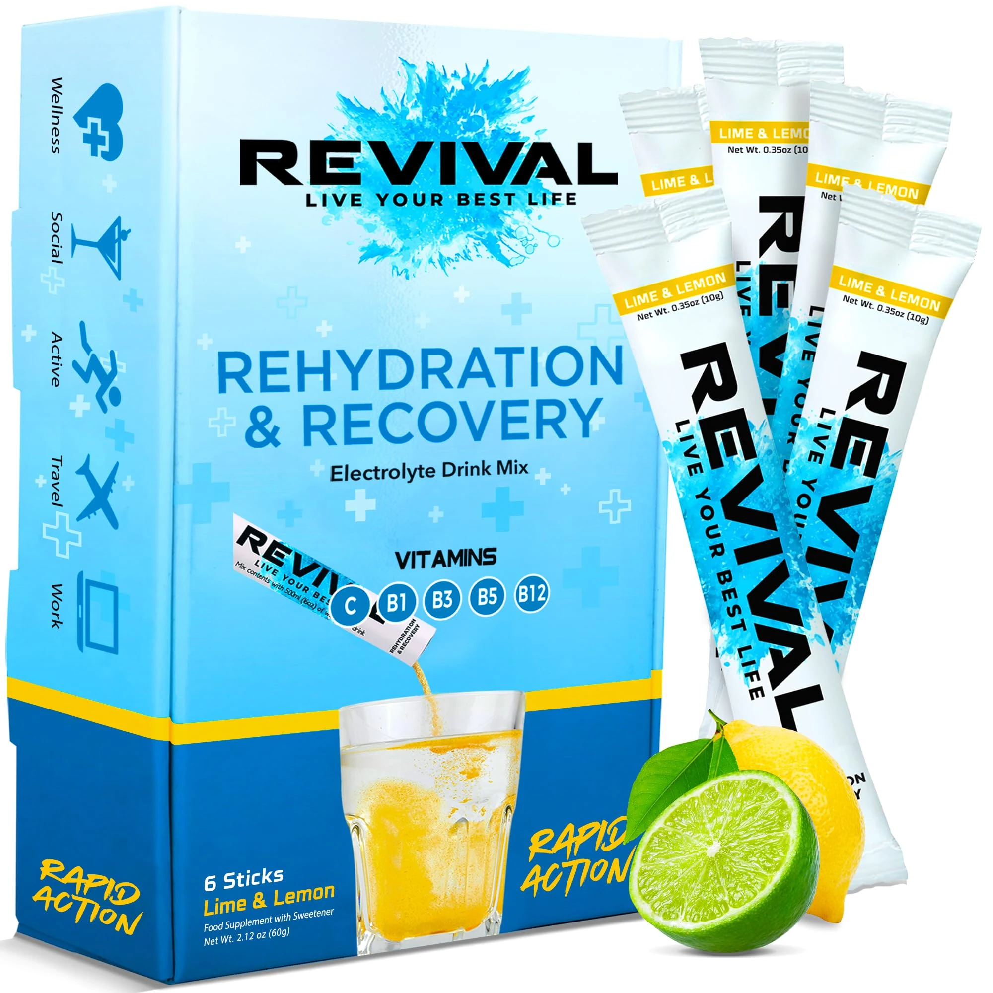 Revival Rapid Rehydration Electrolytes Powder - High Strength Vitamin C, B1, B3, B5, B12 Supplement Sachet Drink, Effervescent Electrolyte Hydration Tablets - 6 Pack Lemon Lime