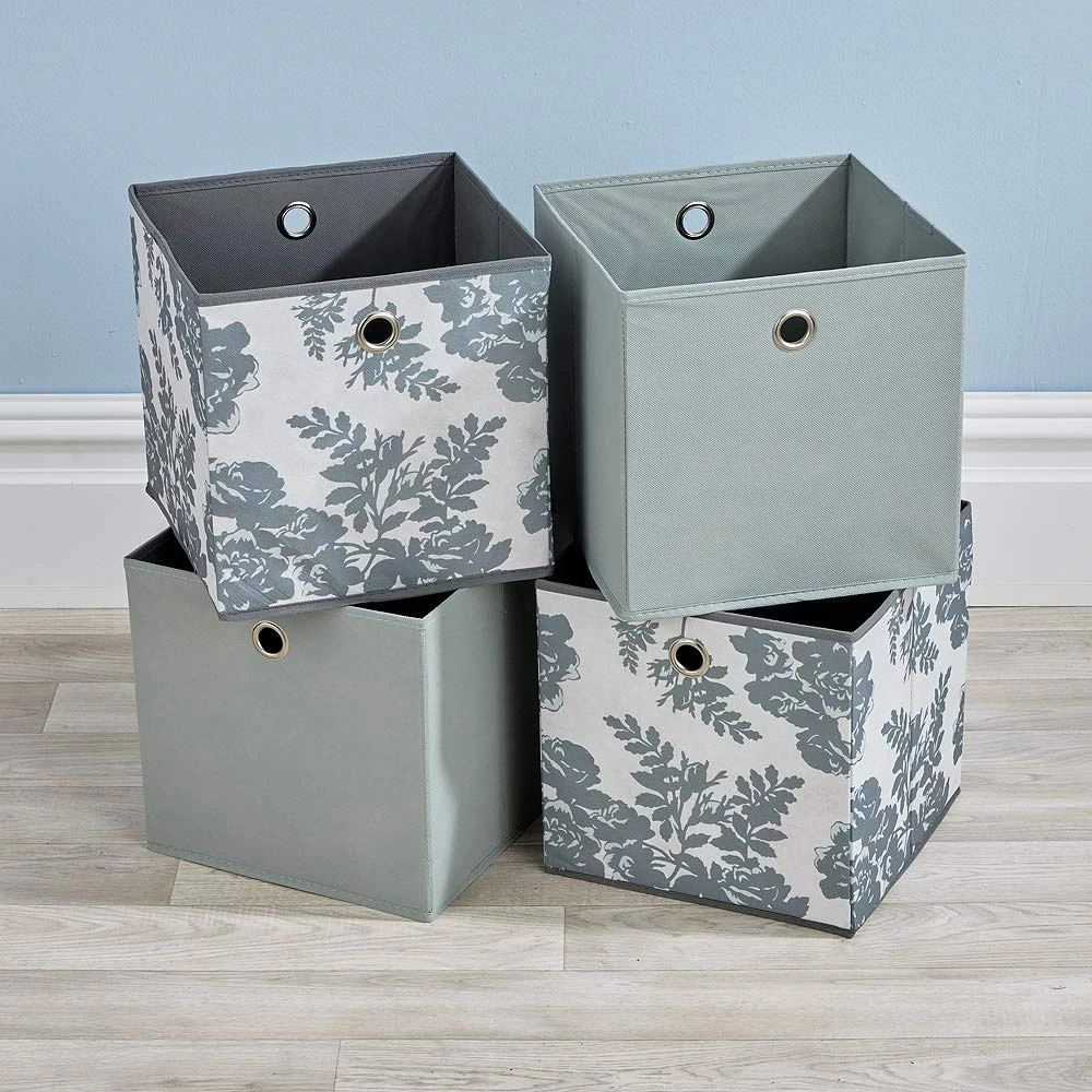 Home Source Cube Storage Boxes, Collapsible Fabric Storage Baskets, Foldable Canvas Organising Boxes, 4 Piece, Grey