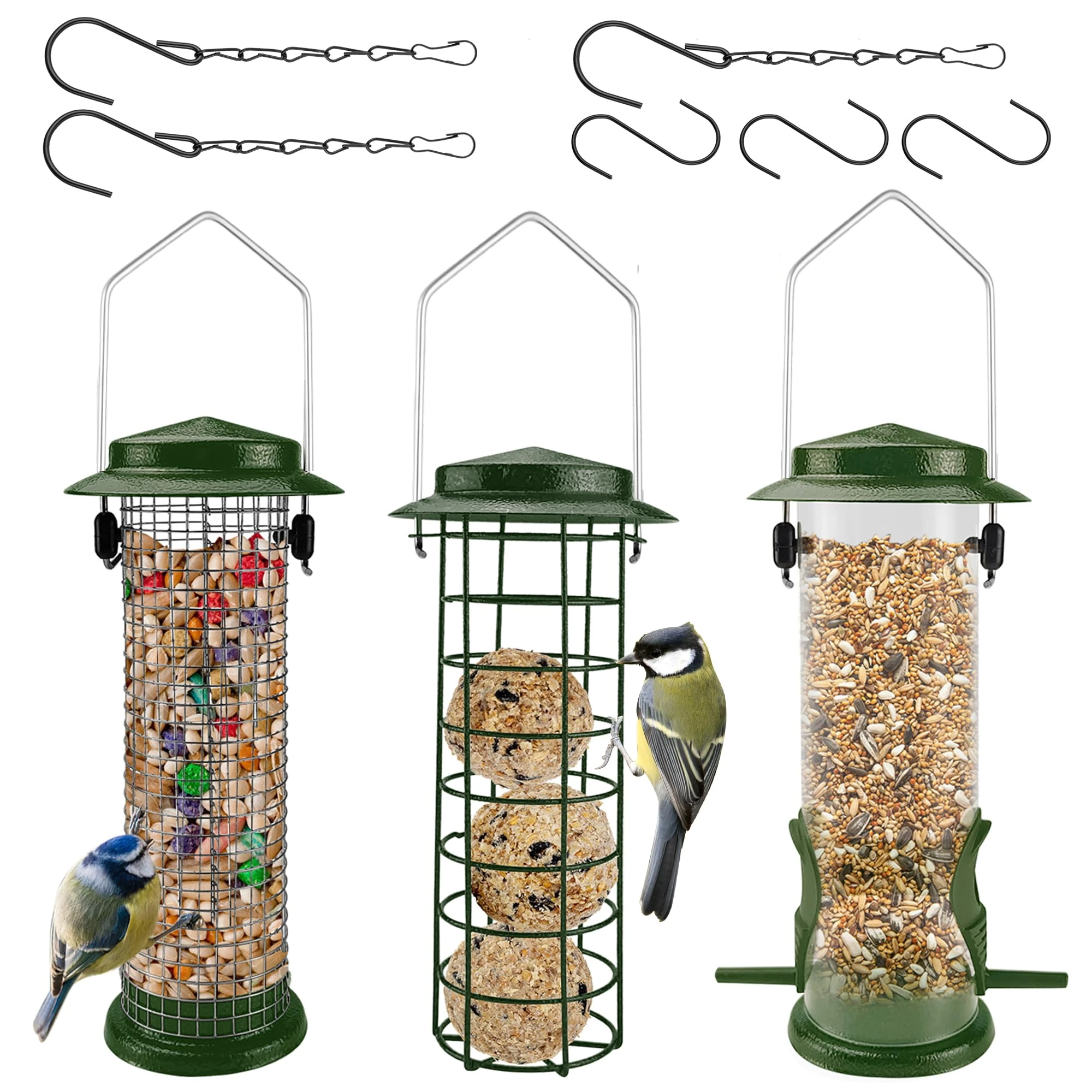 Urban Deco Metal Bird Feeders Hanging Station Fat Ball Bird Feeder Mesh Squirrel Feeder With Steel Hook Bird Seed Feeder - Weather Proof See Through Bird Feeder For Small Birds - Green- Pack of 3