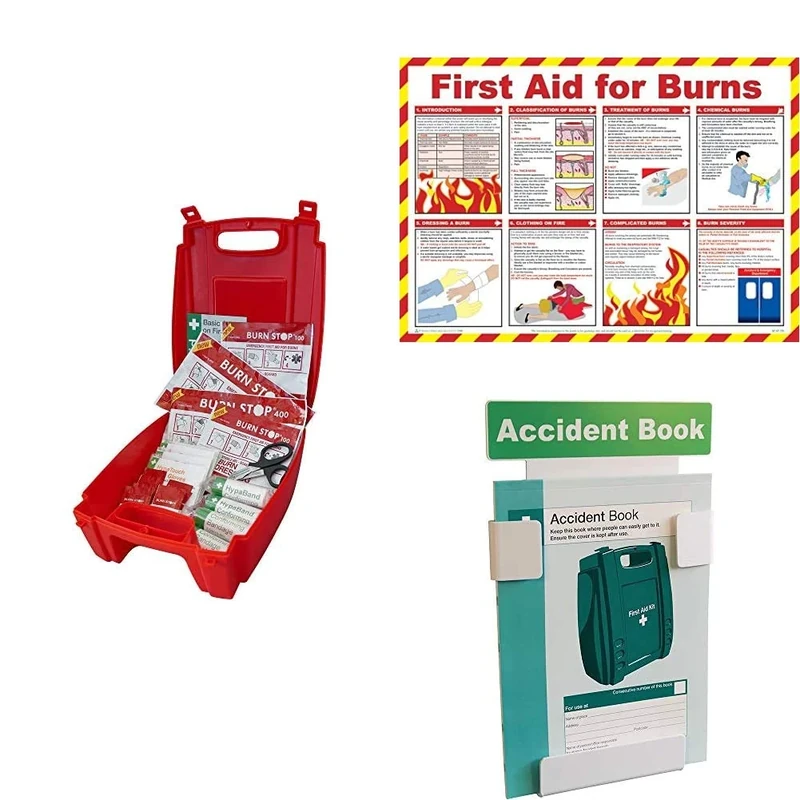 Safety First Aid Group Evolution Burn Stop Burns Kit, Large - 30 x 23 x 12 cm with First Aid for Burns A2 Poster, Laminated and Accident Book Station & Free Accident Book (A4) Bundle