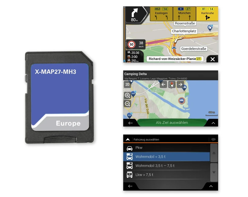 Xzent X-MAP27-MH3: Micro SD Card with Motorhome Navigation for XZENT X-427 and X-F270, Maps for Europe, Camping P.O.I. Package, 3 Years Free Map Updates