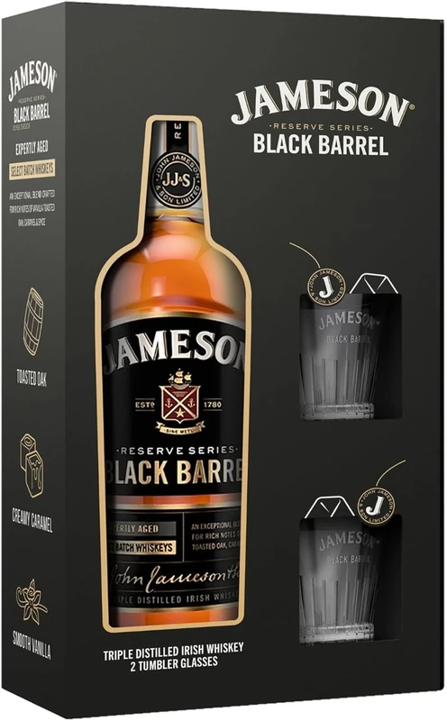 Jameson Bourbon Black Barrel Irish Whiskey Glasses Gift Set, 70 Cl (packaging may vary)