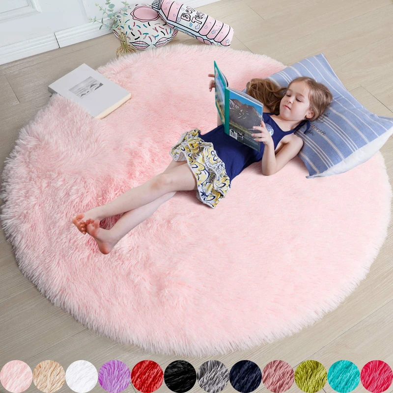 Amdrebio Pink Round Rug - Fluffy Circle Carpet for Girls' Bedroom & Nursery, 6'X6' Shaggy Plush Decor
