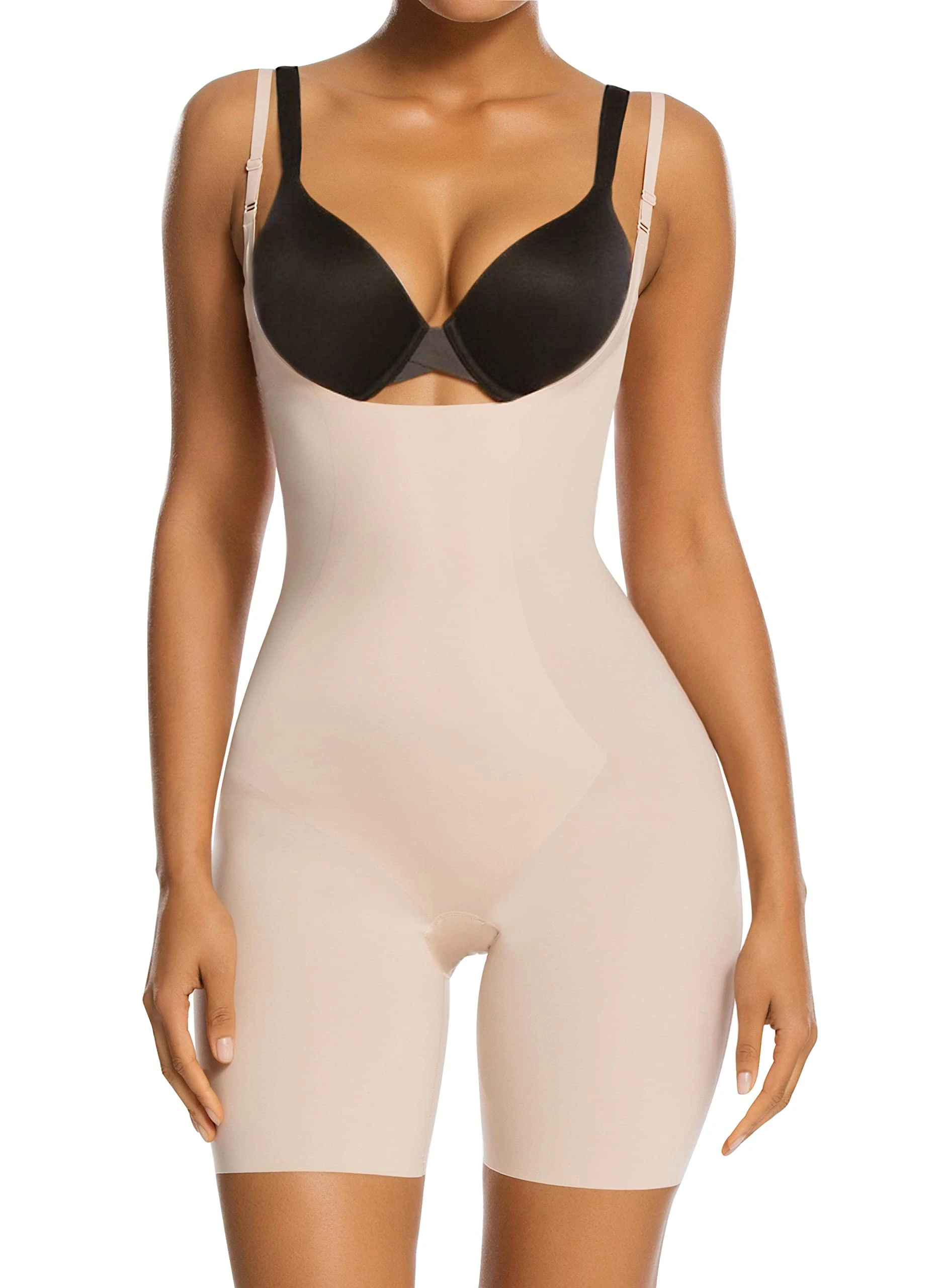 SHAPERX Fajas Colombianas Body Shaper Shapewear for Women Tummy Control Open Bust Mid-Thigh Bodysuit Post Surgery Slimmer, UK-SZ2490293-Beige-S