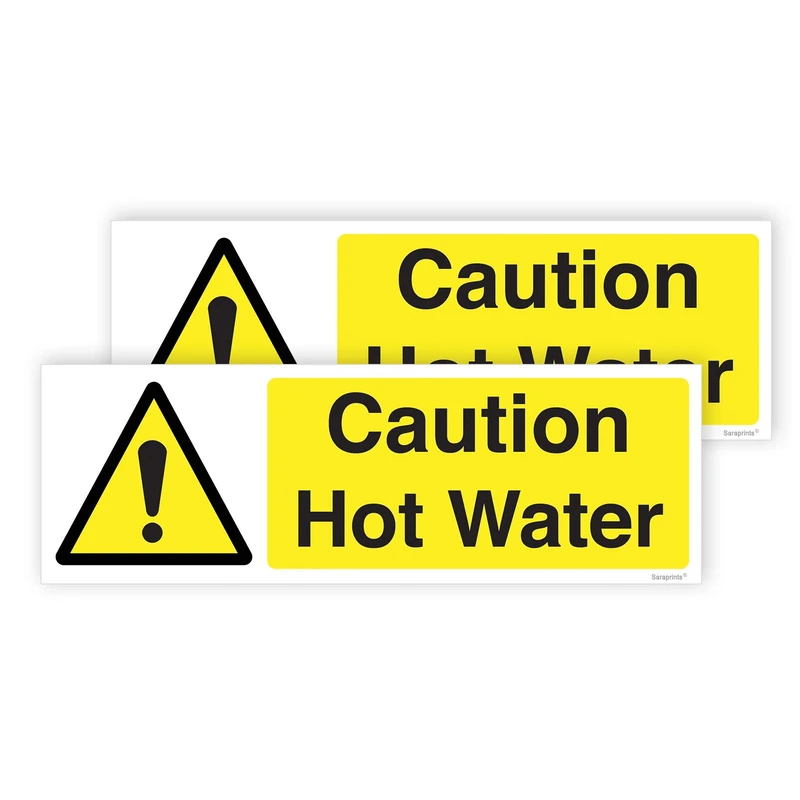 Pack of 2 Caution Hot Water Sign Self Adhesive (150 x 50 mm) Waterproof Caution Hot Water Stickers Sara Prints