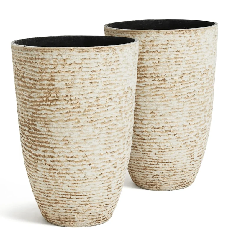 Worth Garden 9 Gallon Tall Round Planters Set of 2-14" Dia x 21" H Tree Pots for Outdoor Plants - Large Imitation Stone Finish Flower Pots Indoor Decorative Container Garden Patio Unbreakable Beige