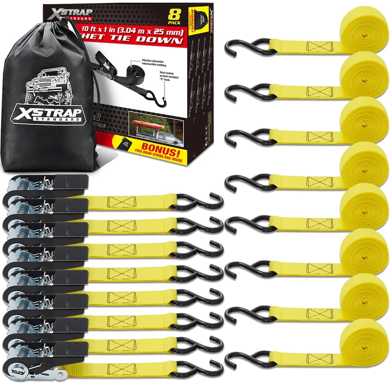 XSTRAP STANDARD Ratchet Tie Down Straps - 8PK - 1'' x 10 ft - 900 LB Break Strength Cargo Straps for Moving Appliances, Lawn Equipment, Motorcycle
