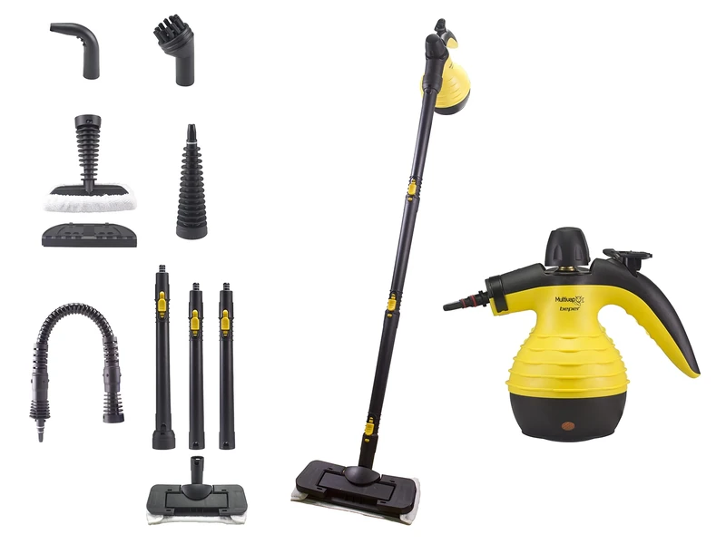 BEPER P202VAL001 Cleaner and sanitizing Broom 10in1, Ideal for Multiple Surfaces, Complete with 10 Accessories, Capacity 350 ml, Power 1050W, Steam Flow 25g-30g / min, 5m Cable, Black/Yellow