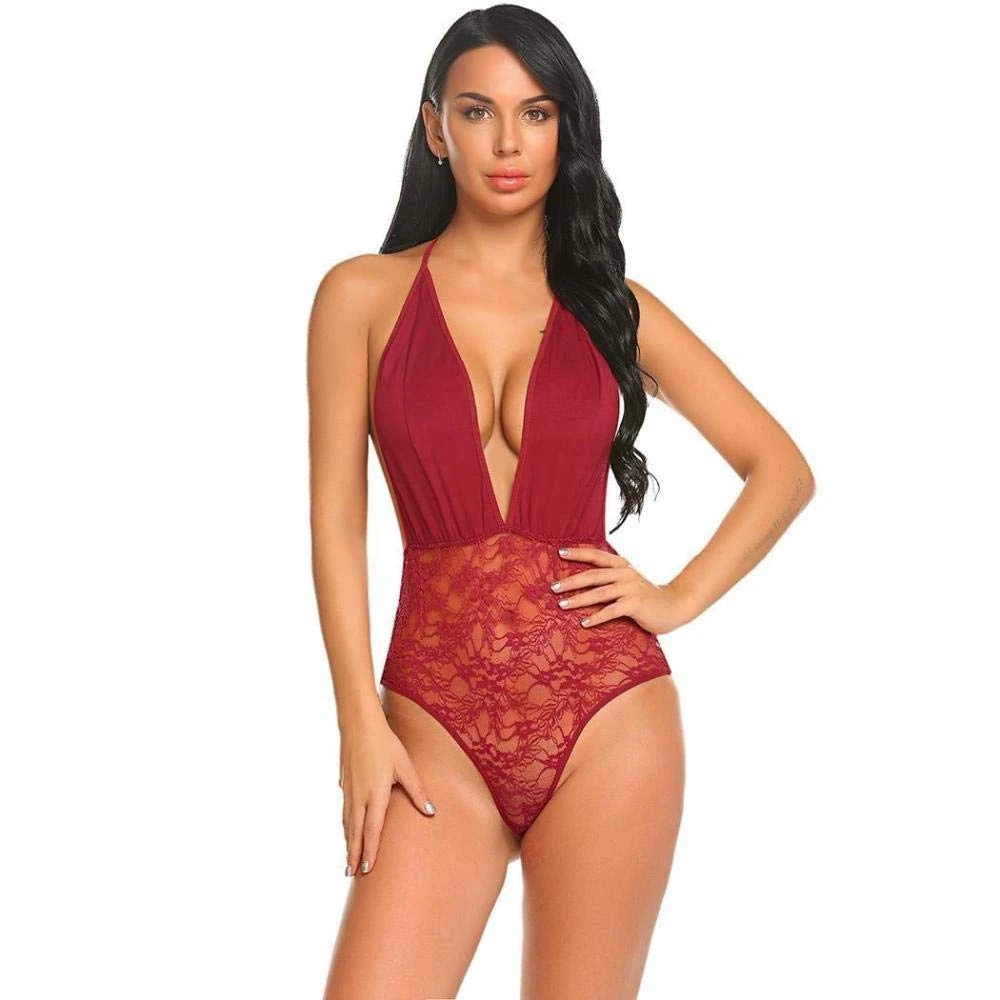 Women's Baby Dolls Women's Erotic Sleepwear Women Erotic Sexy Lingerie Floral Women Lace Porno Babydoll Mini Sleepwear Bodysuit Deep V Sexy Underwear Costumes-Red_M
