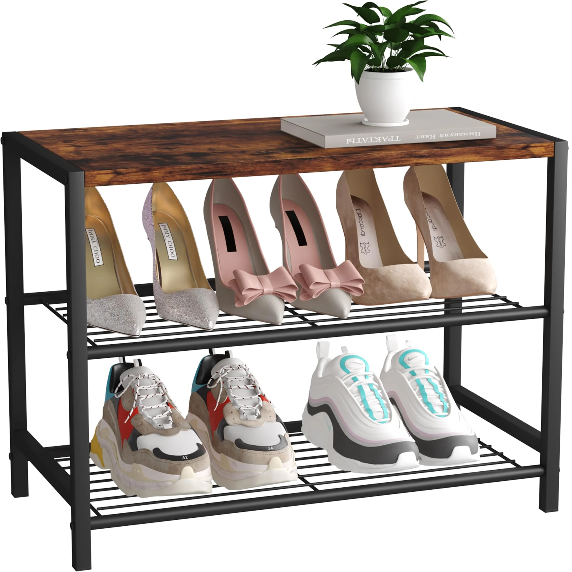 HOME BI 3-Tier Industrial Shoe Rack, Metal Shoe Storage Organizer, Durable Storage Shelf for Closet, Hallway, Entryway, Living Room,Rustic Brown