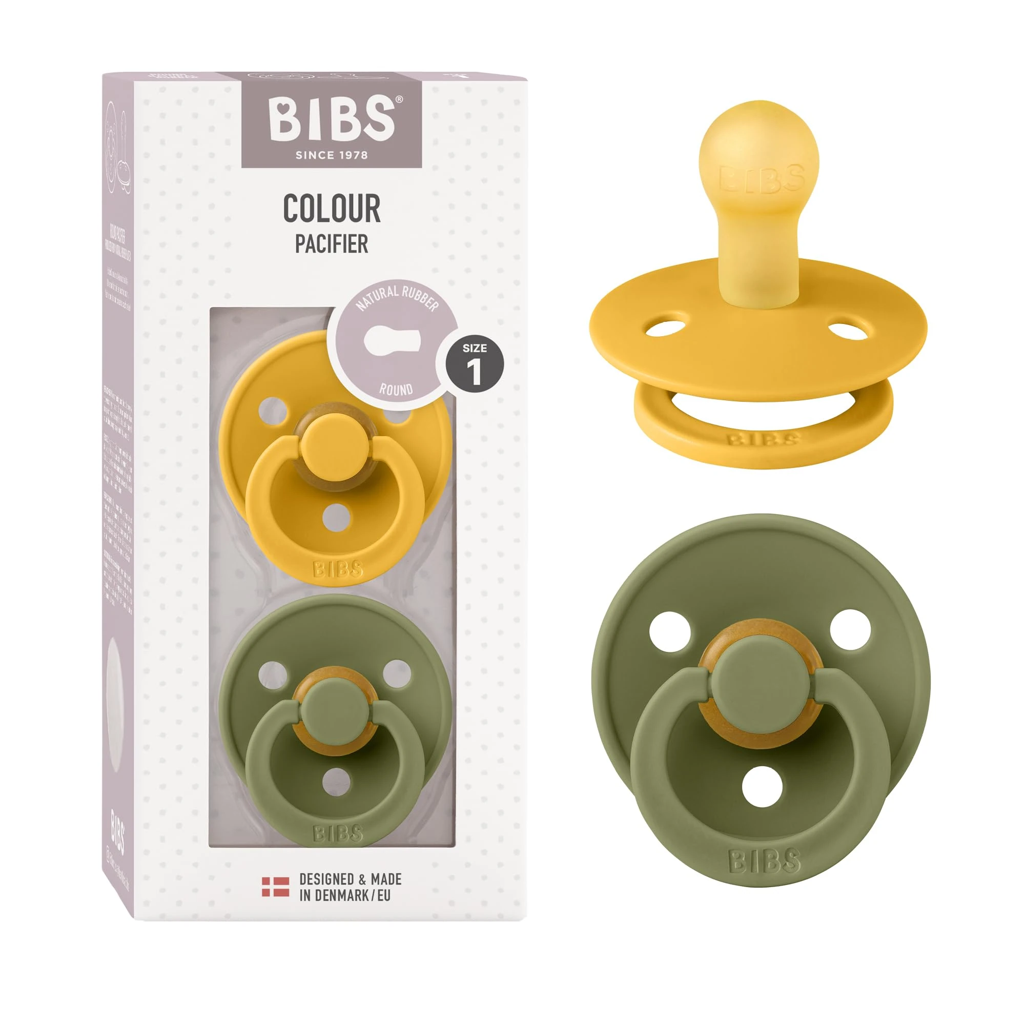 BIBS Colour Soother 2-Pack, BPA Free Dummy Pacifier, Round Nipple. Natural Rubber Latex, Size 1 (0-6 Months), Honey Bee/Olive