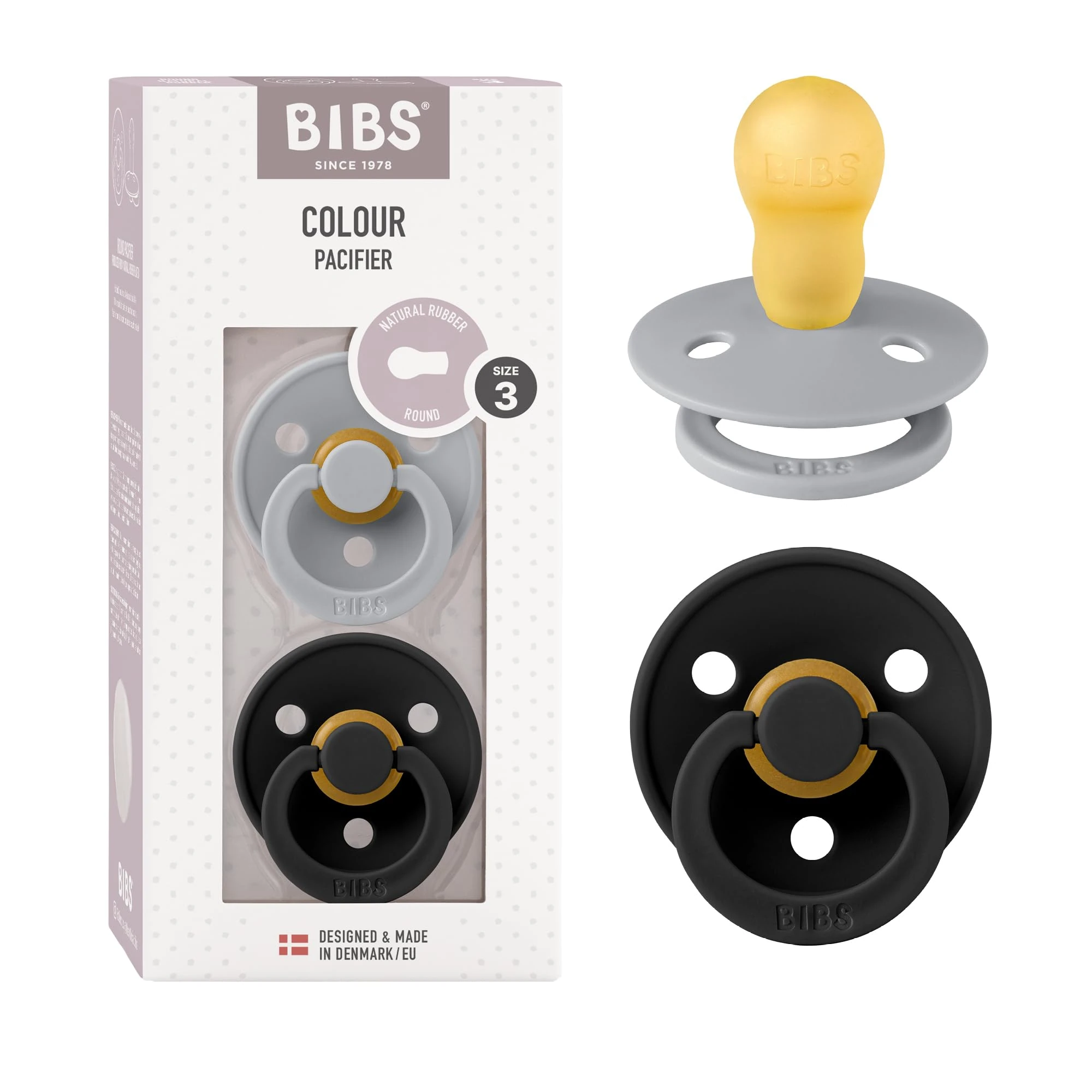 BIBS Colour Soother 2-Pack, BPA Free Dummy Pacifier, Round Nipple. Natural Rubber Latex, Size 3 (18+ Months), Cloud/Black