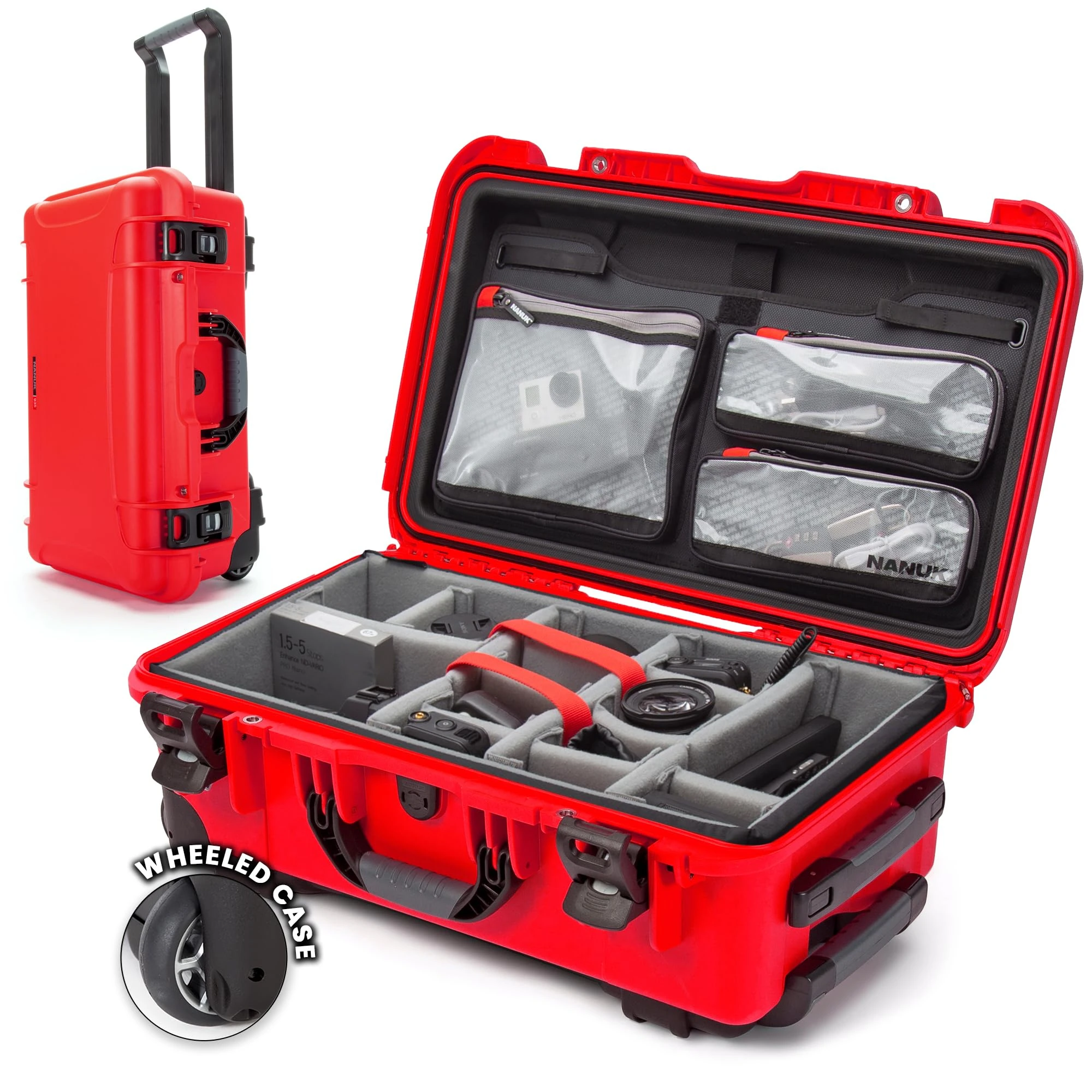 NANUK 935 Waterproof Carry-On Hard Case with Wheels, Padded Divider and Lid Organizer - Red