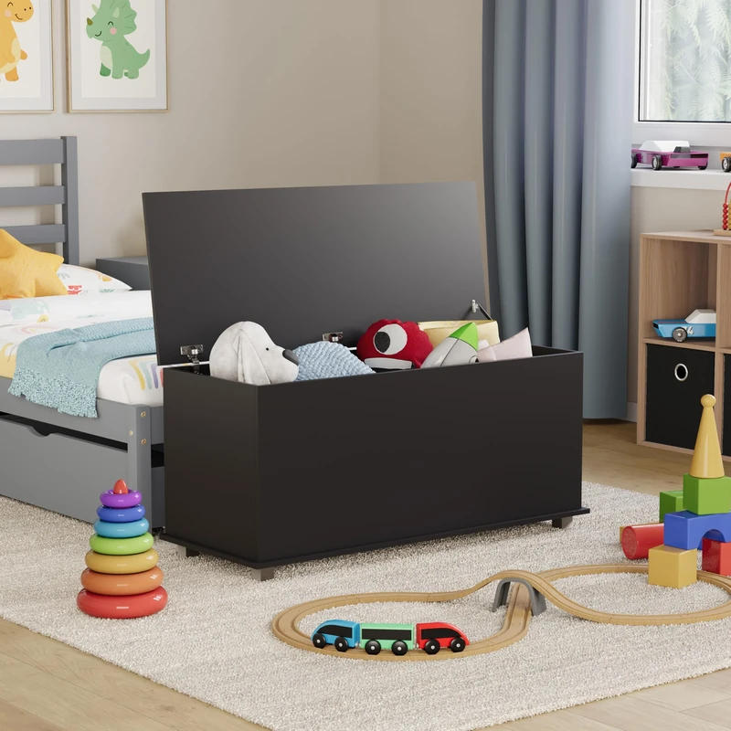 Vida Designs Leon Toy Box, Wood in Black, 100x40x48cm - Storage Ottoman with Lift-Up Lid, Ideal for Toys, Bedding & Footstool Use