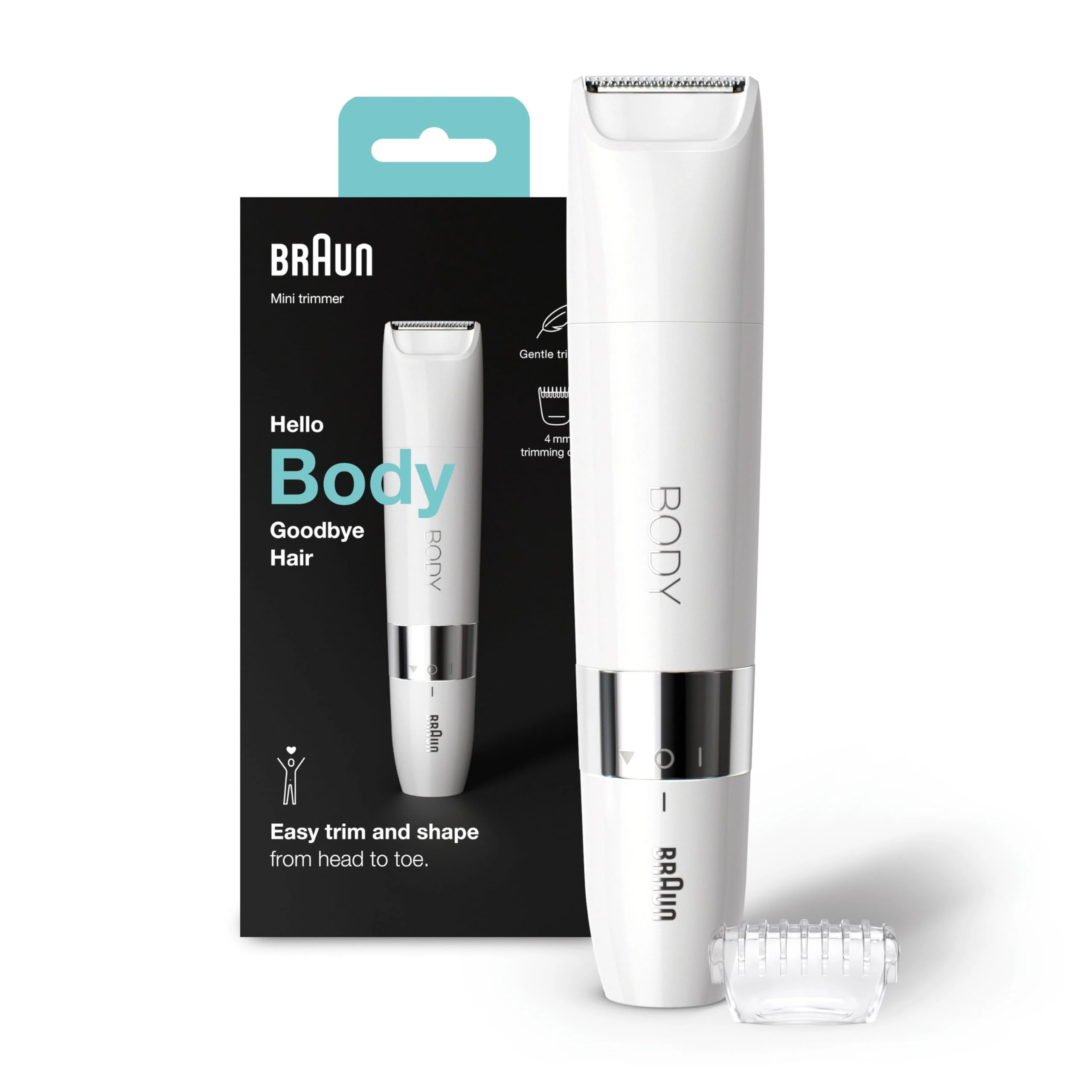 Braun Body Mini Trimmer, Gentle Body Hair Removal, Precision Trimmer, Wet & Dry, 100% Waterproof, BS1000, White
