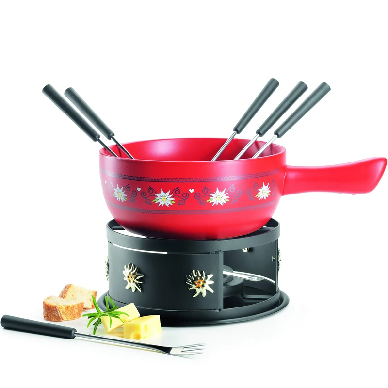 MÄSER 931893 Cheese 6 People, 11-Piece Complete Set for Swiss Fondue with Solid Ceramic Pot, in Beautiful Gift Box, Stoneware, red, Black