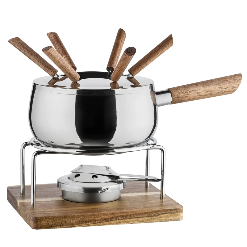 MÄSER 931895 Fondue Set for 6 People in Modern Rustic Design, Ideal for Meat Fondue, 10-Piece Fondue Set Including Fondue Forks and Fondue Burner, Silver, Brown
