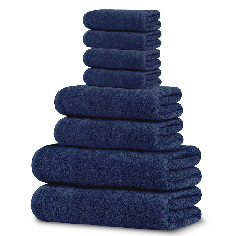 Tens Towels Pack of 8 Towels Set, 2 Extra Large Bath, 2 Hand, 4 Washcloths, 100% Cotton, Lighter Weight, Quicker to Dry, Super Absorbent, Perfect for Bathroom, Navy
