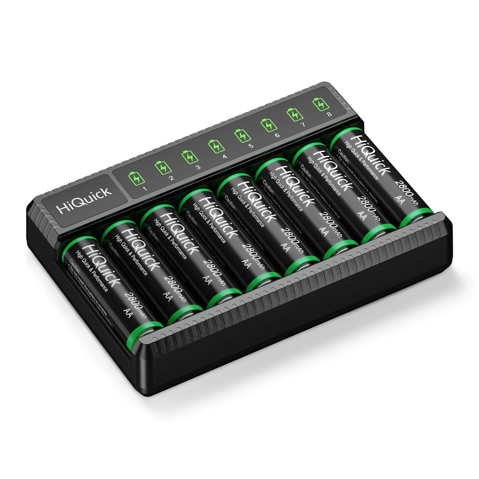 HiQuick 8 x AA Rechargeable Batteries with Battery Charger, Type-C Input 8 Slots LED AA AAA Battery Charger with 8 2800mAh Rechargeable Batteries