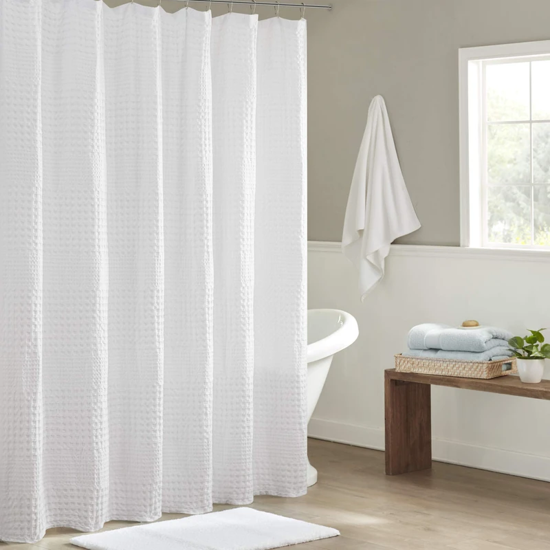 Madison Park Arlo 100% Cotton Shower Curtain, Texture Waffle Weave Design 800 GSM Hotel Quality, Soft Trendy Bathroom Décor, Machine Washable, Bathtub Fabric Privacy Screen, 72" x 72", White