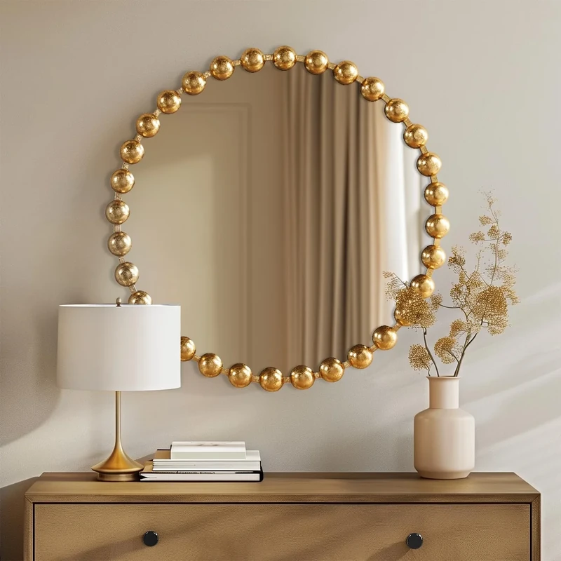 MADISON PARK SIGNATURE Wall Décor Marlowe Metal Spherical Frame Round Mirror for Living Room - Home Accent, Ready to Hang Bedroom Decoration, 27" Diameter, Gold