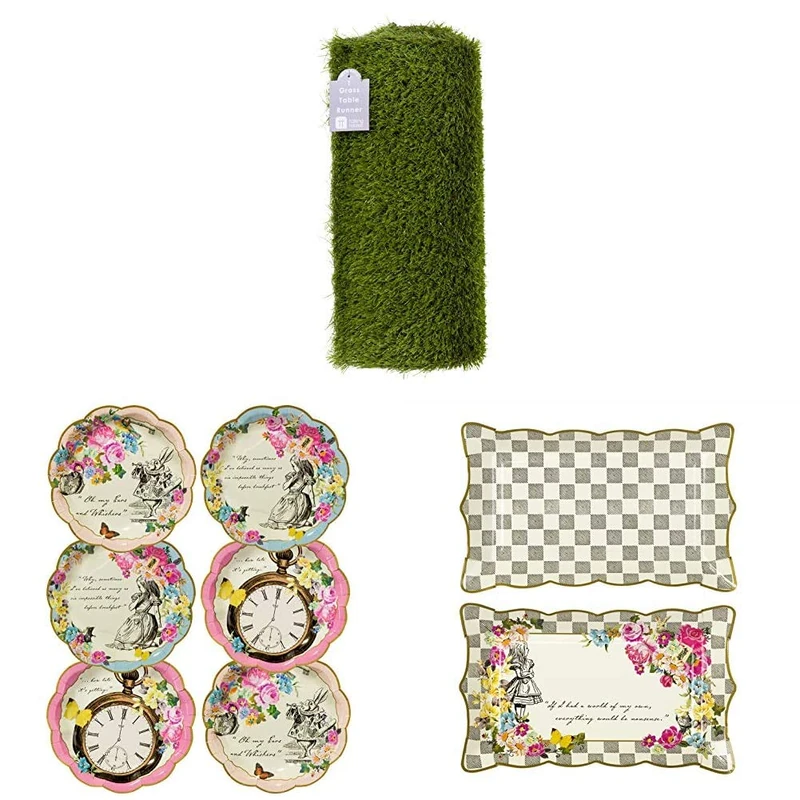 Talking Tables Artificial Grass Table Runner, Alice in Wonderland Paper Plates, platters | Mad Hatter Afternoon Tea Party Tableware Decorations for Kids or Adults Birthday Parties