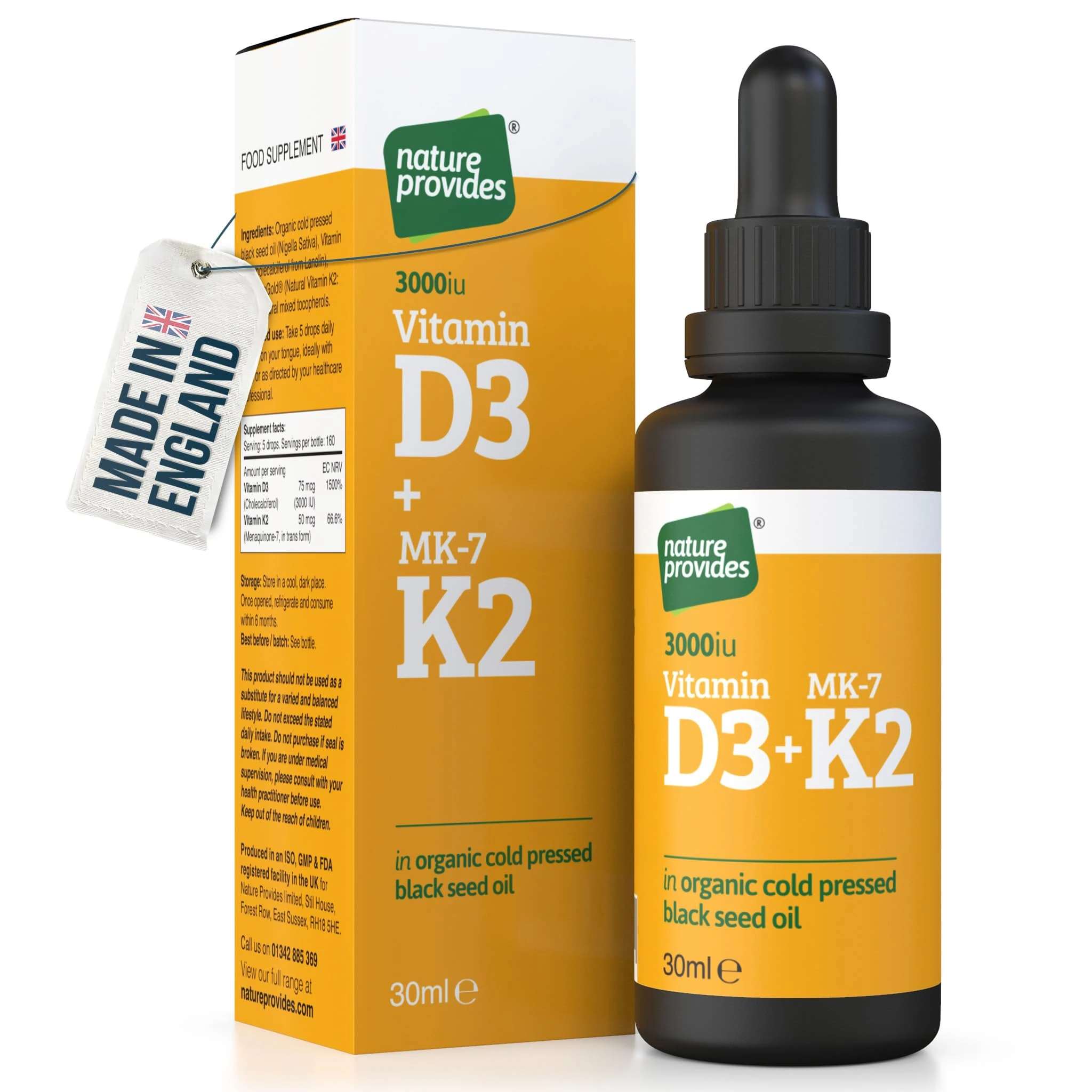 Vitamin D3 & K2 (MK-7) in Organic Black Seed Oil/Nigella Sativa (30ml) - High Strength Liquid (3000IU), 100% Trans MK-7, Immune, Bone Support, Heart Health, Sublingual, Made in UK by Nature Provides