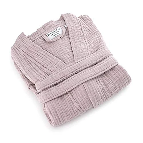 ORMES Muslin Unisex Bathrobe Women & Men, 100% Cotton Kimono Lightweight Robe | Long Robes Soft, Absorbent, Spa robes, Beige, S-M