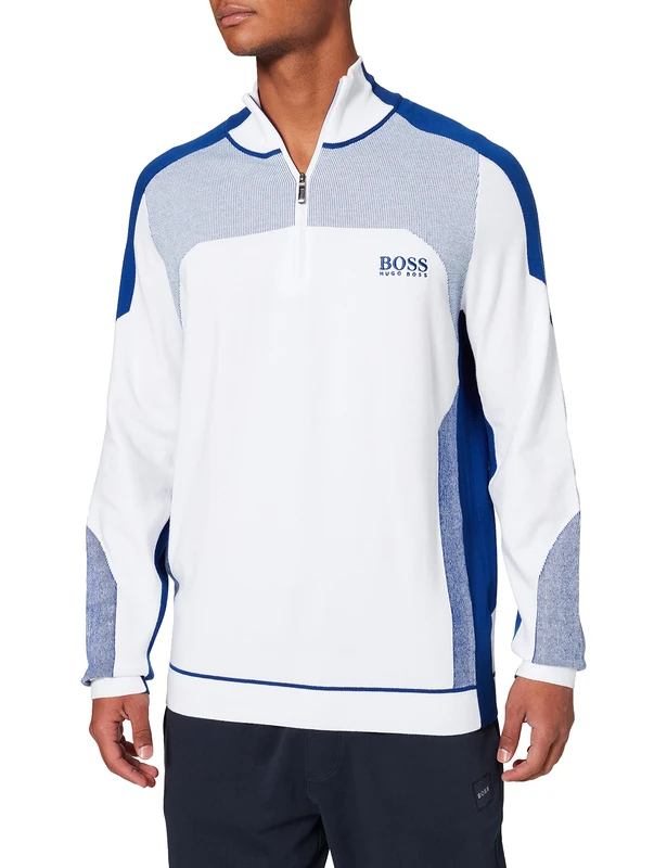 BOSS Mens Zordi Zip-Neck Colour-Block Sweater with Water-Repellent Finish White