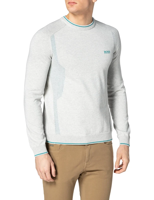 BOSS Mens Rovan Mesh-Detail Logo Sweater in Organic Cotton Grey