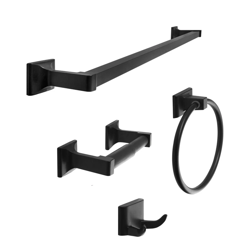 SENTO Cellar Classic Bathroom Accessories Set, Heavy Duty Metal Bath Hardware Set Wall Mounted, Includes Robe Hook, Standard Toilet Paper Holder, Towel Ring, 24” Towel Bar (4-Piece, Matte Black)