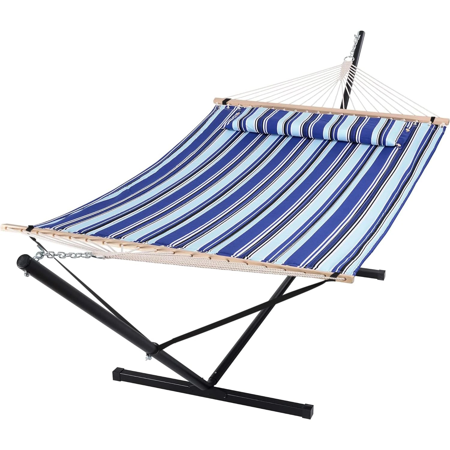 SUNCREAT Two Person Hammock with Stand Heavy Duty, Free Standing Hammocks Outdoors for 2 Person, Max 475lbs Capacity, Blue Stripes