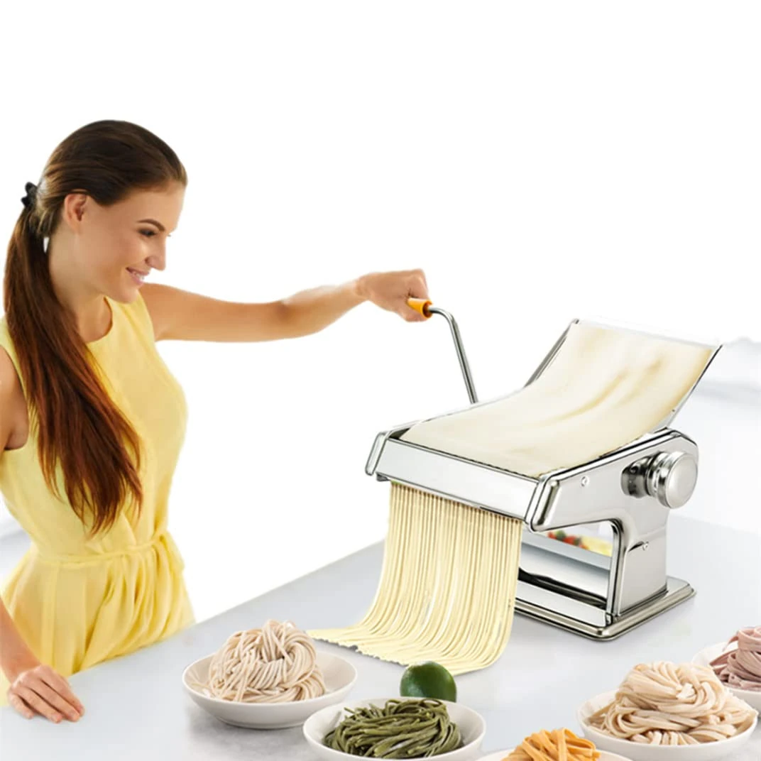 Stainless Steel Pasta Maker, Manual Pasta Machine Spaghetti Roller Lasagne Tagliatelle Cutter Pasta Machine Maker Fresh Pasta Machine with Removable Handle, Multiple Thickness Settings, 0.5 - 3mm