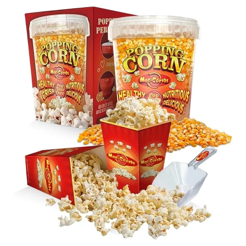 MacCorns - U.S.A Popping Corn + 12 Popcorn Cartons & 1 Serving Scoop - 1ltr Tub Corn Kernels (Gift Boxed) for Traditional Popping & All Popcorn Machines - Resealable & Reusable - Allergen FREE !