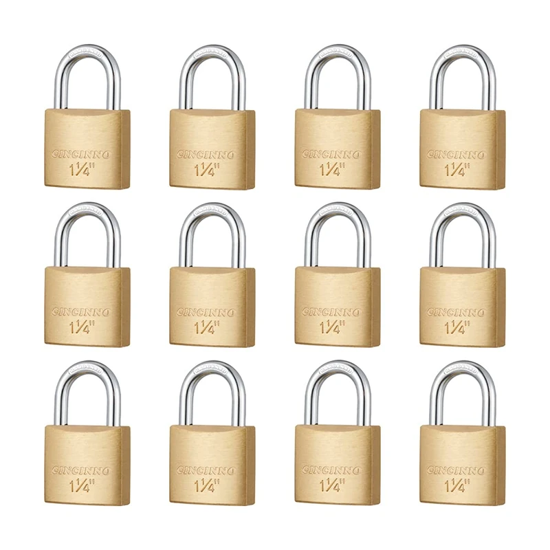 CINCINNO 12Pack Small Solid Brass Locks Keyed Alike，1-1/4” (30mm) Wide Lock Body, 1/5” Shackle Diameter Padlocks with Key