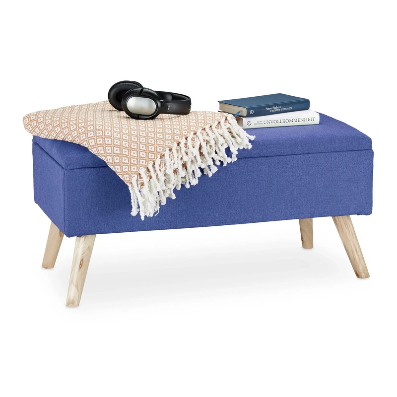 Relaxdays Hallway Storage Bench, Padded, Wooden Legs, Fabric Cover, HxWxD: 39.5 x 79.5 x 39.5 cm, Blue, Fibreboard