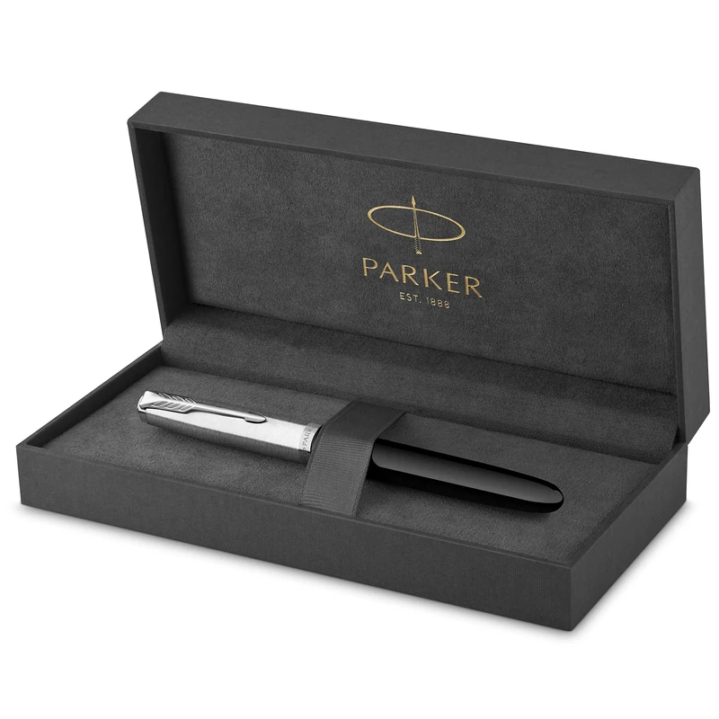 Parker 51 Fountain Pen | Black Barrel with Chrome Trim | Fine Nib with Black Ink Cartridge | Gift Box