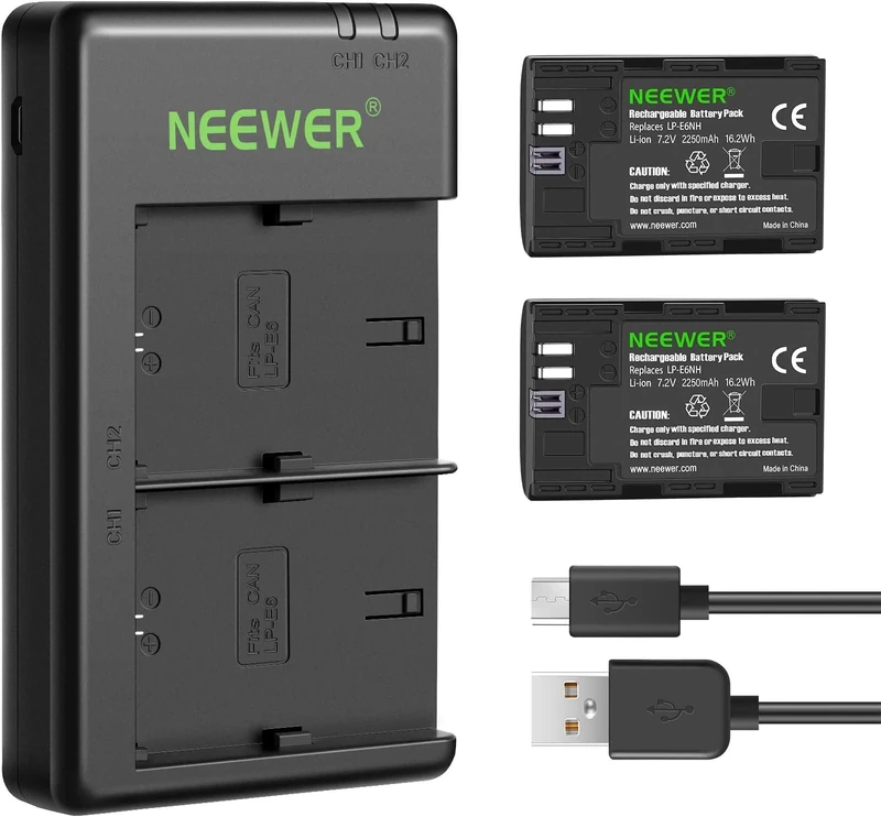 NEEWER Replacement Battery and Charger Set for LP-E6NH, Compatible with Canon EOS R7, R5, R6, 5D II, 6D, 7D, 70D, 80D, 90D, 2-Pack 2250mAh Batteries and Dual Channel USB Charger