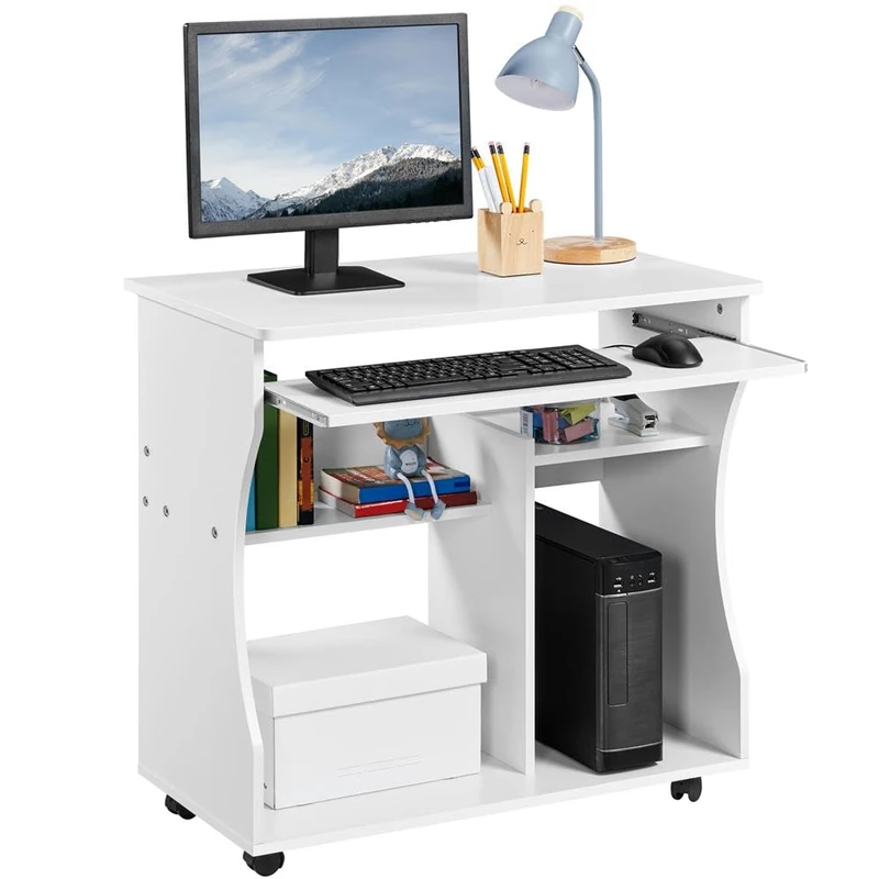 Yaheetech Wood Rolling Small Computer Desk PC Laptop Table Standing Desk Home Office Workstation with Sliding Keyboard Tray and Storage Shelves on Wheels Movable for Small Space White Desk 80x48x76cm